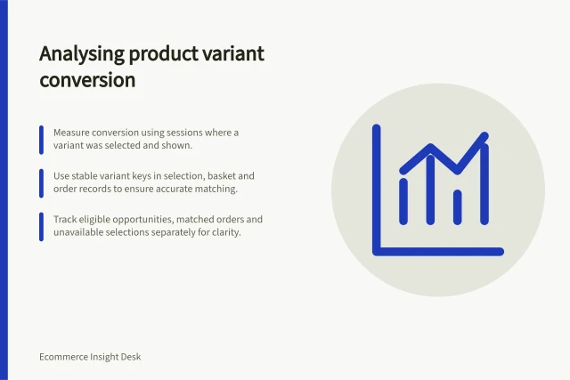 Analysing product variant conversion: Measure conversion using sessions where a variant was selected and shown.; Use stable variant keys in selection, basket and order records to ensure accurate matching.; Track eligible opportunities, matched orders and unavailable selections separately for clarity. Analysing conversion by product variant