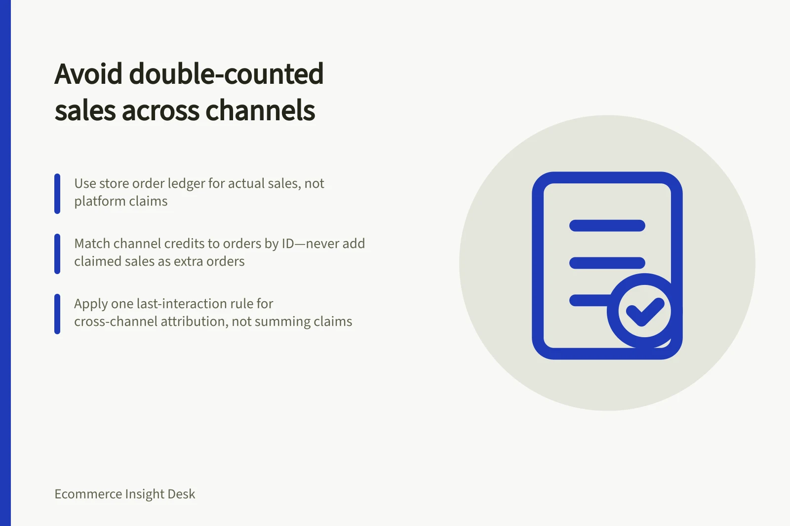 Avoid double-counted sales across channels: Use store order ledger for actual sales, not platform claims; Match channel credits to orders by ID—never add claimed sales as extra orders; Apply one last-interaction rule for cross-channel attribution, not summing claims