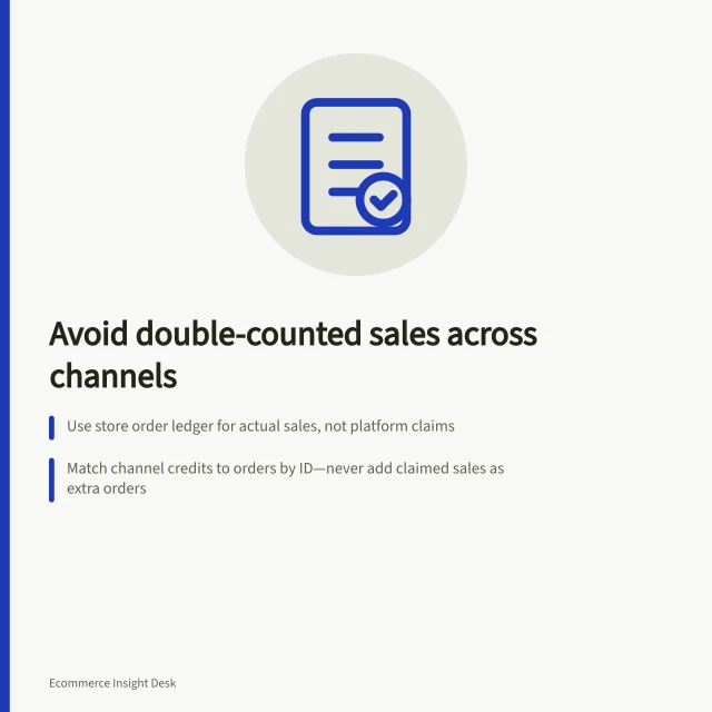 Avoid double-counted sales across channels: Use store order ledger for actual sales, not platform claims; Match channel credits to orders by ID—never add claimed sales as extra orders; Apply one last-interaction rule for cross-channel attribution, not summing claims. Avoiding double-counted revenue across channels