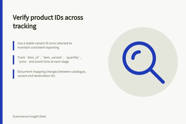 Verify product IDs across tracking: Use a stable variant ID once selected to maintain consistent reporting; Track `item_id`, `item_variant`, `quantity`, `price` and event time at each stage; Document mapping changes between catalogue, variant and destination IDs. Checking product IDs across tracking events