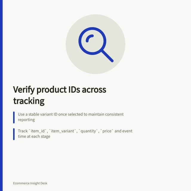 Verify product IDs across tracking: Use a stable variant ID once selected to maintain consistent reporting; Track `item_id`, `item_variant`, `quantity`, `price` and event time at each stage; Document mapping changes between catalogue, variant and destination IDs. Checking product IDs across tracking events