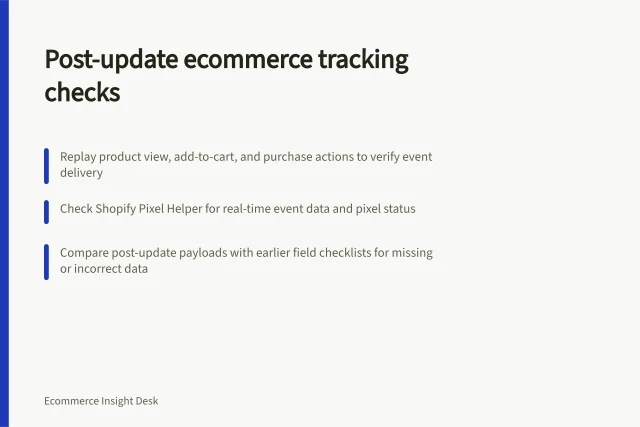 Post-update ecommerce tracking checks: Replay product view, add-to-cart, and purchase actions to verify event delivery; Check Shopify Pixel Helper for real-time event data and pixel status; Compare post-update payloads with earlier field checklists for missing or incorrect data. Checking ecommerce tracking after a theme or app update