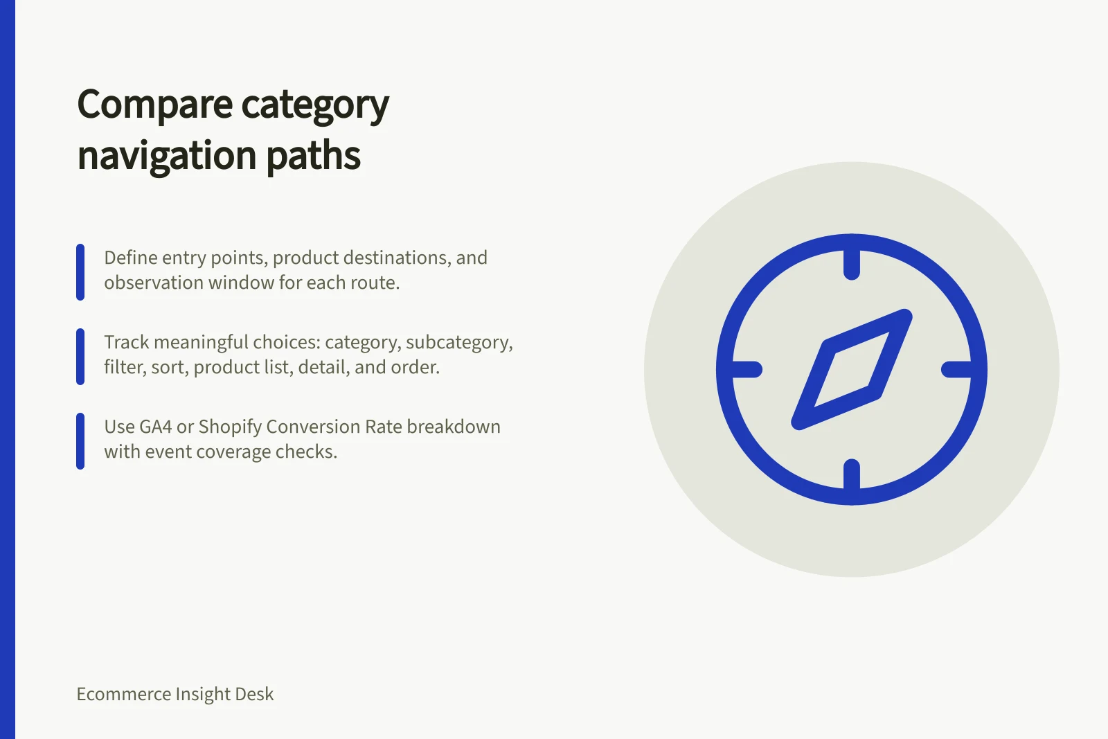 Compare category navigation paths: Define entry points, product destinations, and observation window for each route.; Track meaningful choices: category, subcategory, filter, sort, product list, detail, and order.; Use GA4 or Shopify Conversion Rate breakdown with event coverage checks.