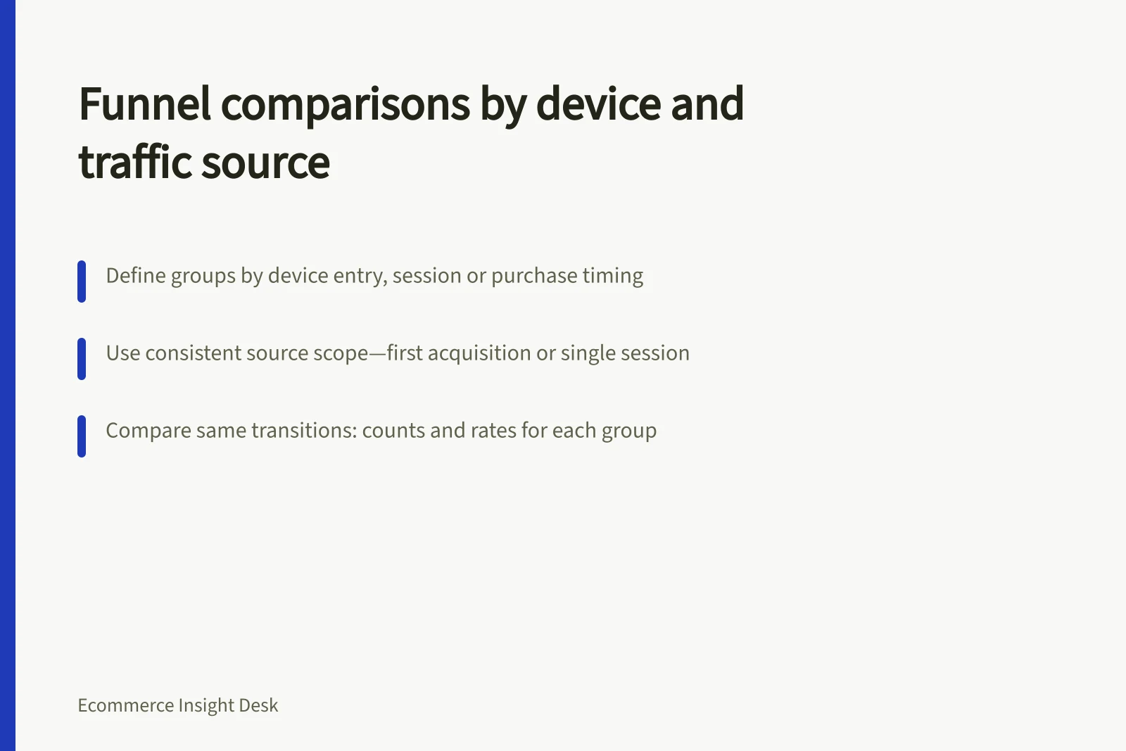 Funnel comparisons by device and traffic source: Define groups by device entry, session or purchase timing; Use consistent source scope—first acquisition or single session; Compare same transitions: counts and rates for each group