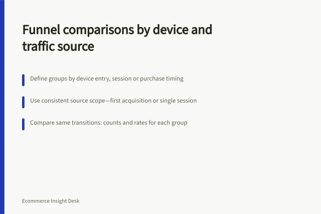 Funnel comparisons by device and traffic source: Define groups by device entry, session or purchase timing; Use consistent source scope—first acquisition or single session; Compare same transitions: counts and rates for each group. Comparing funnels by device and traffic source