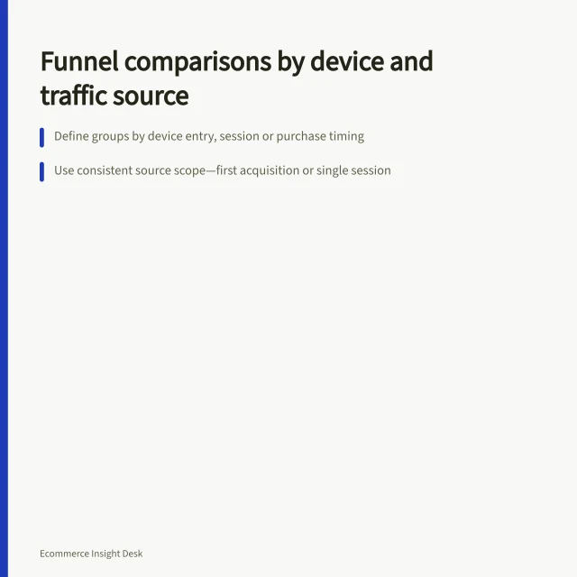 Funnel comparisons by device and traffic source: Define groups by device entry, session or purchase timing; Use consistent source scope—first acquisition or single session; Compare same transitions: counts and rates for each group. Comparing funnels by device and traffic source