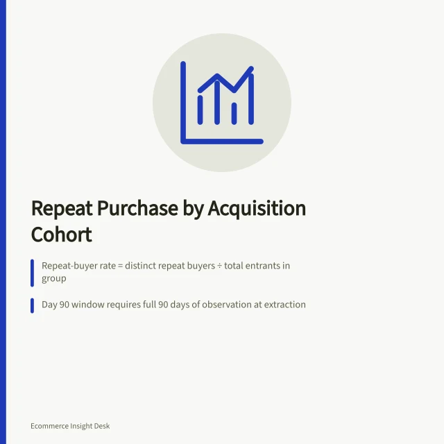 Repeat Purchase by Acquisition Cohort: Repeat-buyer rate = distinct repeat buyers ÷ total entrants in group; Day 90 window requires full 90 days of observation at extraction; High rates with small counts may be fragile and need cautious interpretation. Comparing repeat purchase across acquisition cohorts