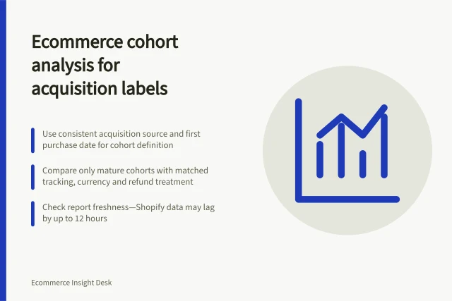 Ecommerce cohort analysis for acquisition labels: Use consistent acquisition source and first purchase date for cohort definition; Compare only mature cohorts with matched tracking, currency and refund treatment; Check report freshness—Shopify data may lag by up to 12 hours. Customer cohort analysis for acquisition-labelled ecommerce value