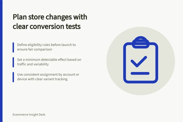 Plan store changes with clear conversion tests: Define eligibility rules before launch to ensure fair comparison; Set a minimum detectable effect based on traffic and variability; Use consistent assignment by account or device with clear variant tracking. Defining a conversion experiment before changing the store