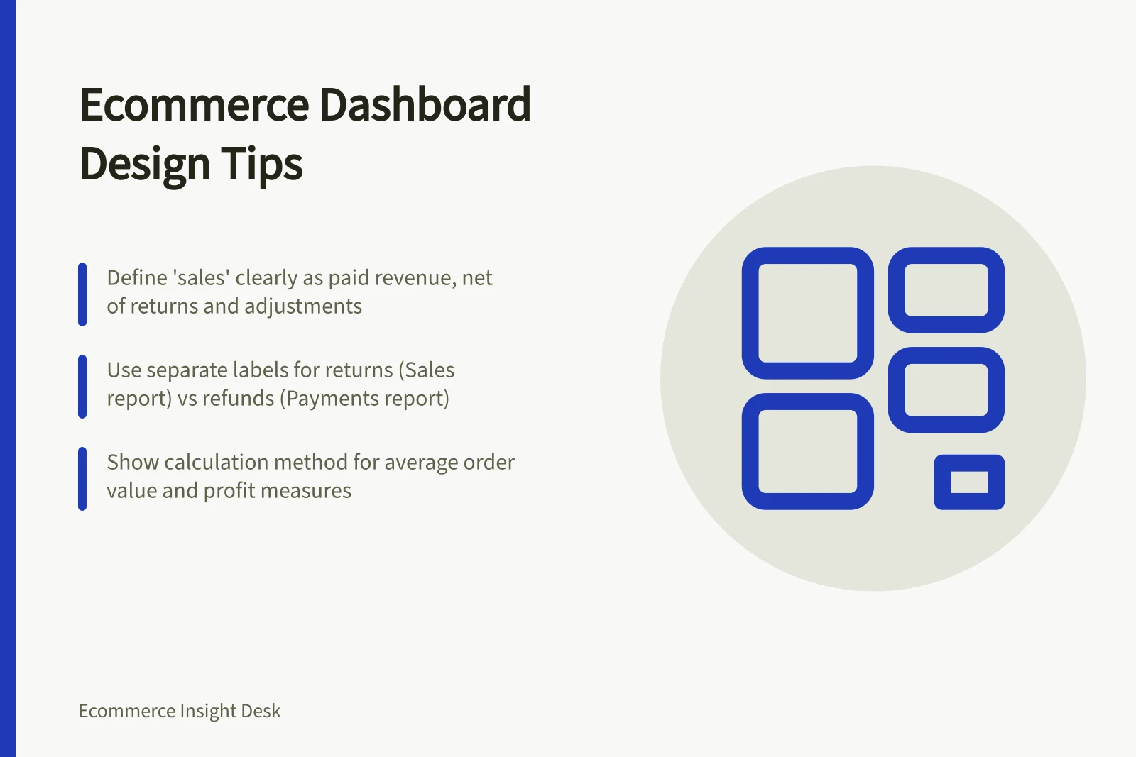 Ecommerce Dashboard Design Tips: Define 'sales' clearly as paid revenue, net of returns and adjustments; Use separate labels for returns (Sales report) vs refunds (Payments report); Show calculation method for average order value and profit measures