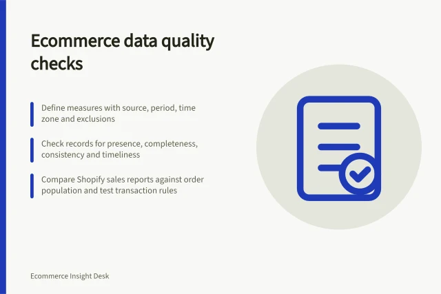Ecommerce data quality checks: Define measures with source, period, time zone and exclusions; Check records for presence, completeness, consistency and timeliness; Compare Shopify sales reports against order population and test transaction rules. Ecommerce data quality