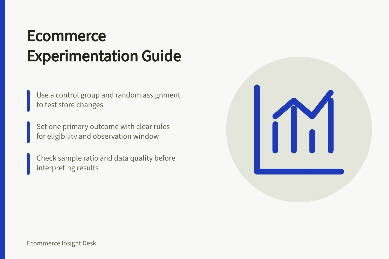 Ecommerce Experimentation Guide: Use a control group and random assignment to test store changes; Set one primary outcome with clear rules for eligibility and observation window; Check sample ratio and data quality before interpreting results