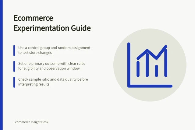 Ecommerce Experimentation Guide: Use a control group and random assignment to test store changes; Set one primary outcome with clear rules for eligibility and observation window; Check sample ratio and data quality before interpreting results. Ecommerce experimentation