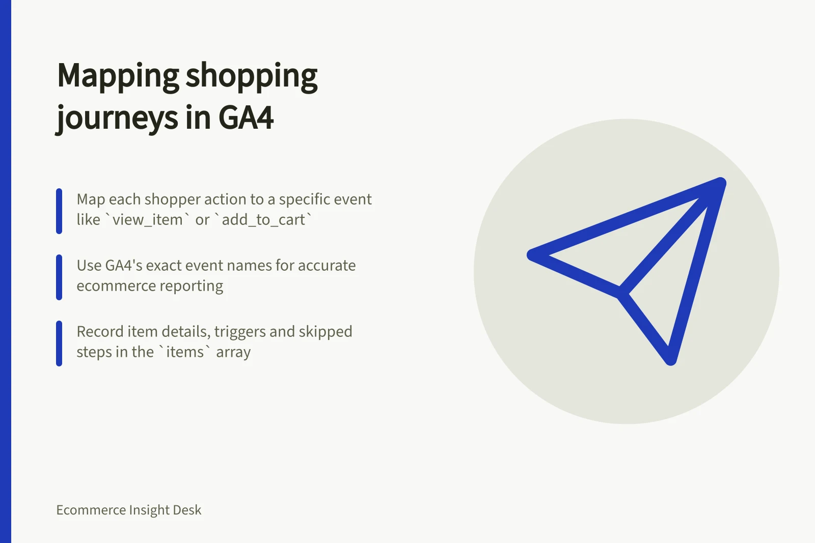 Mapping shopping journeys in GA4: Map each shopper action to a specific event like `view_item` or `add_to_cart`; Use GA4's exact event names for accurate ecommerce reporting; Record item details, triggers and skipped steps in the `items` array
