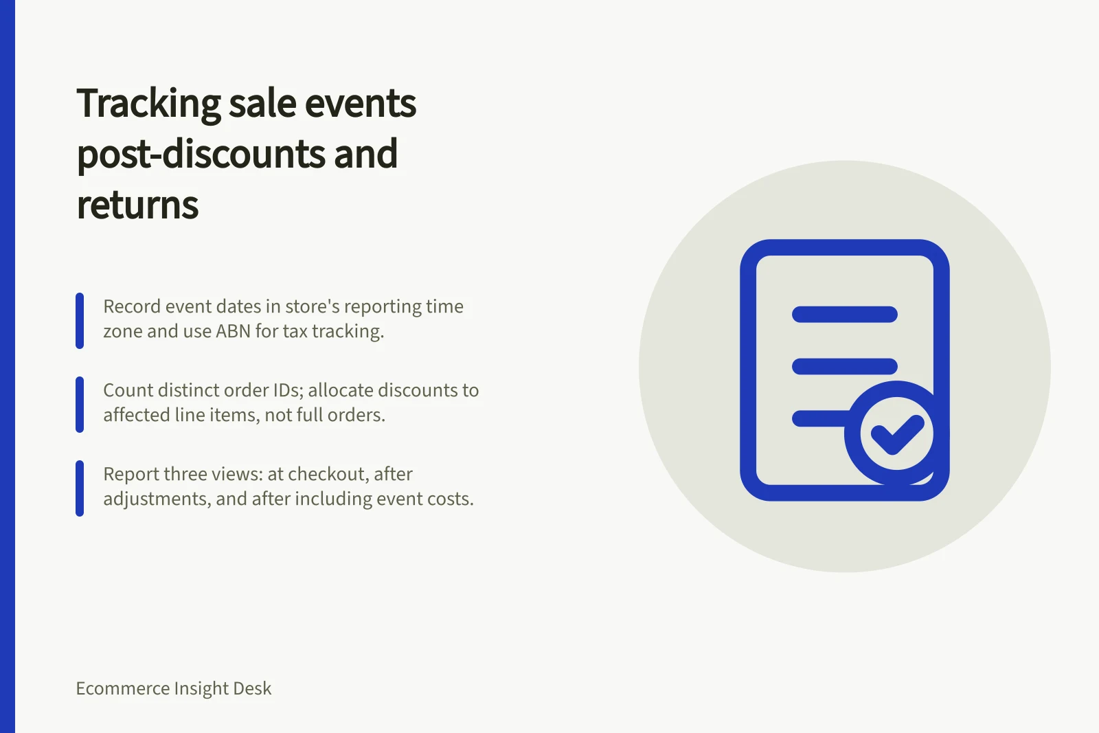 Tracking sale events post-discounts and returns: Record event dates in store's reporting time zone and use ABN for tax tracking.; Count distinct order IDs; allocate discounts to affected line items, not full orders.; Report three views: at checkout, after adjustments, and after including event costs.