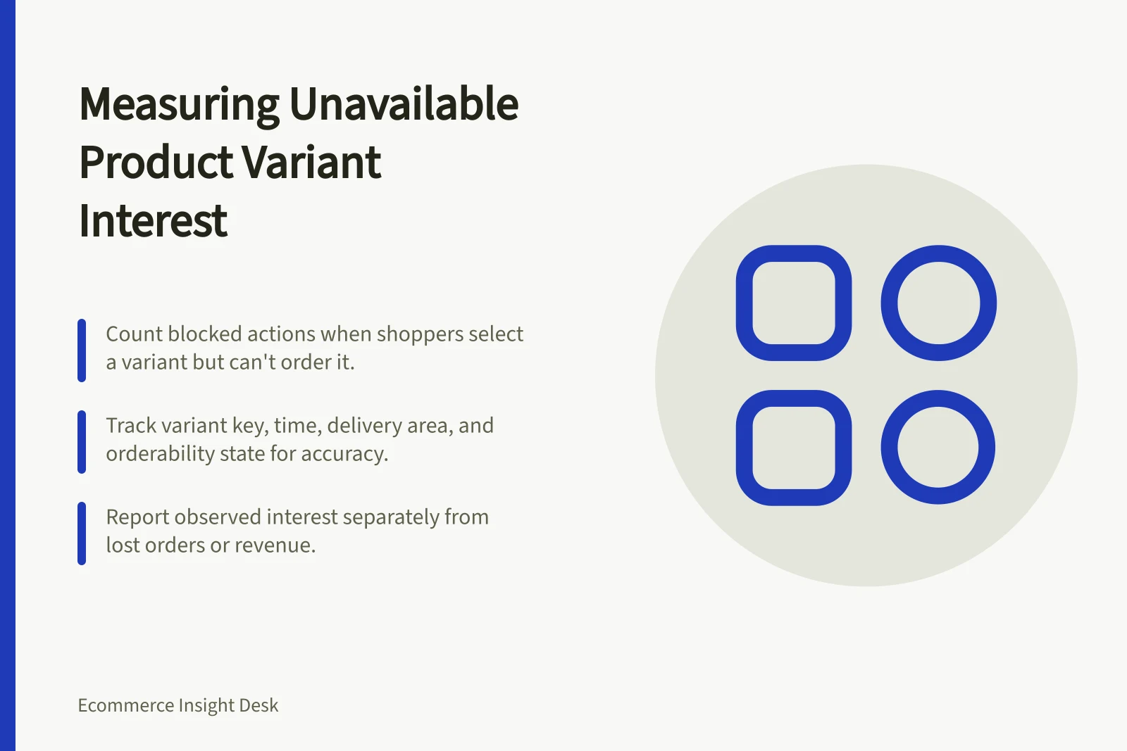 Measuring Unavailable Product Variant Interest: Count blocked actions when shoppers select a variant but can't order it.; Track variant key, time, delivery area, and orderability state for accuracy.; Report observed interest separately from lost orders or revenue.
