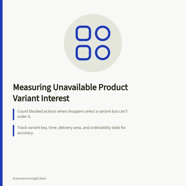 Measuring Unavailable Product Variant Interest: Count blocked actions when shoppers select a variant but can't order it.; Track variant key, time, delivery area, and orderability state for accuracy.; Report observed interest separately from lost orders or revenue. Measuring lost shopping opportunities from unavailable variants