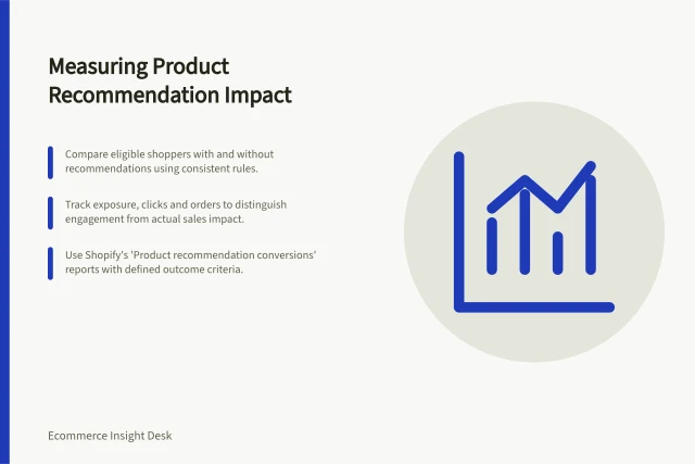 Measuring Product Recommendation Impact: Compare eligible shoppers with and without recommendations using consistent rules.; Track exposure, clicks and orders to distinguish engagement from actual sales impact.; Use Shopify's 'Product recommendation conversions' reports with defined outcome criteria. Measuring the effect of a product recommendation
