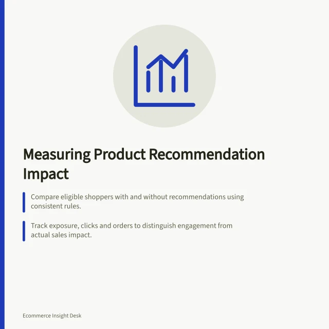 Measuring Product Recommendation Impact: Compare eligible shoppers with and without recommendations using consistent rules.; Track exposure, clicks and orders to distinguish engagement from actual sales impact.; Use Shopify's 'Product recommendation conversions' reports with defined outcome criteria. Measuring the effect of a product recommendation