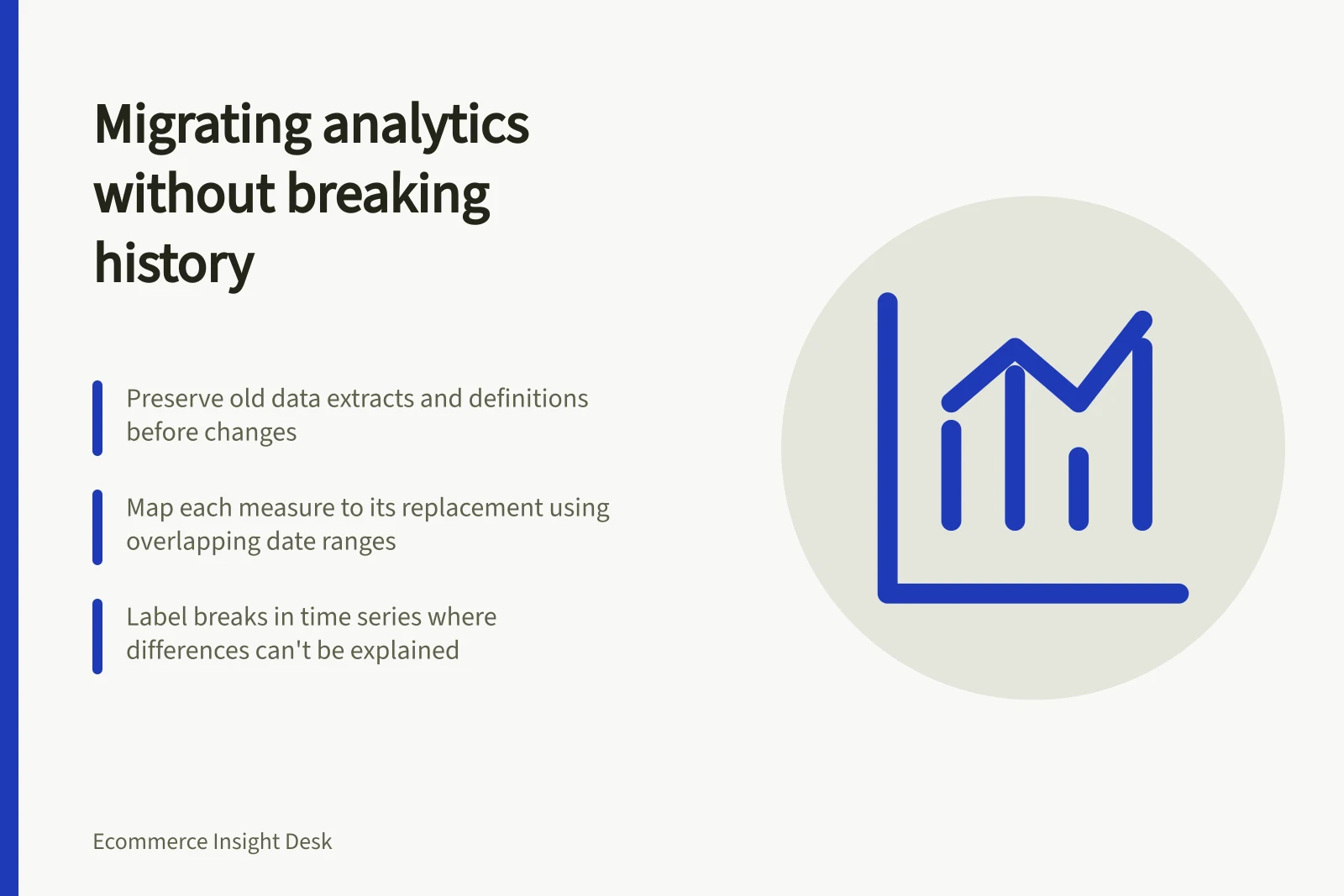 Migrating analytics without breaking history: Preserve old data extracts and definitions before changes; Map each measure to its replacement using overlapping date ranges; Label breaks in time series where differences can't be explained