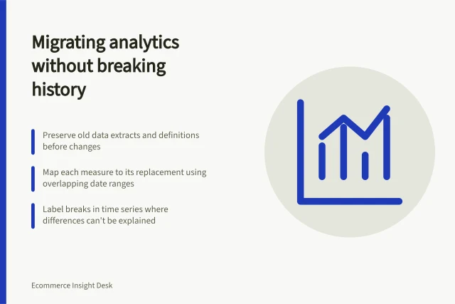 Migrating analytics without breaking history: Preserve old data extracts and definitions before changes; Map each measure to its replacement using overlapping date ranges; Label breaks in time series where differences can't be explained. Planning an analytics migration without breaking historical comparisons