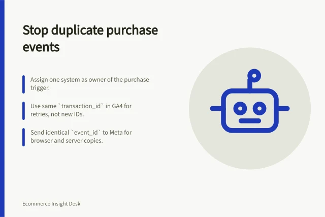 Stop duplicate purchase events: Assign one system as owner of the purchase trigger.; Use same `transaction_id` in GA4 for retries, not new IDs.; Send identical `event_id` to Meta for browser and server copies. Preventing duplicate purchase events