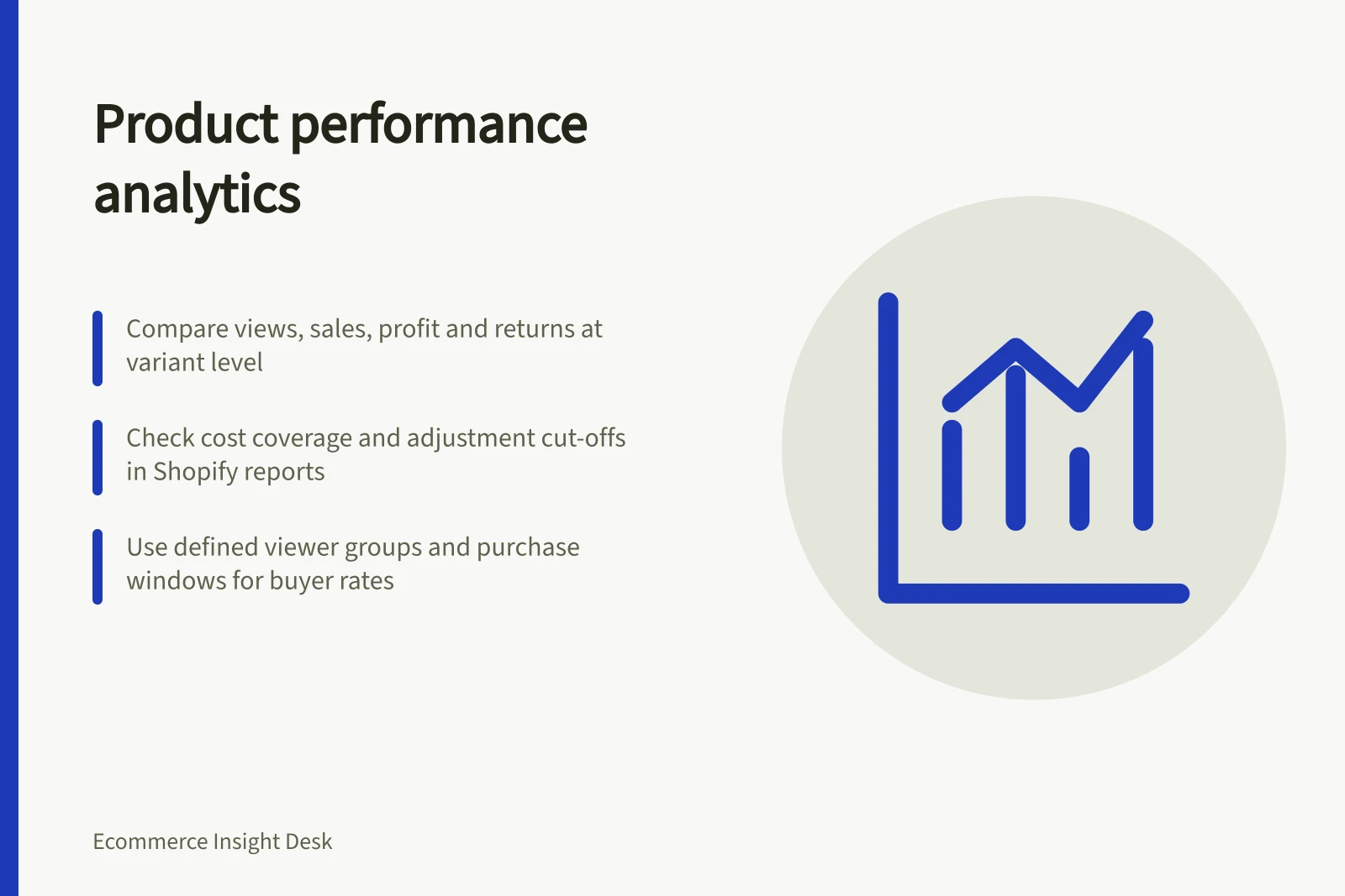 Product performance analytics: Compare views, sales, profit and returns at variant level; Check cost coverage and adjustment cut-offs in Shopify reports; Use defined viewer groups and purchase windows for buyer rates