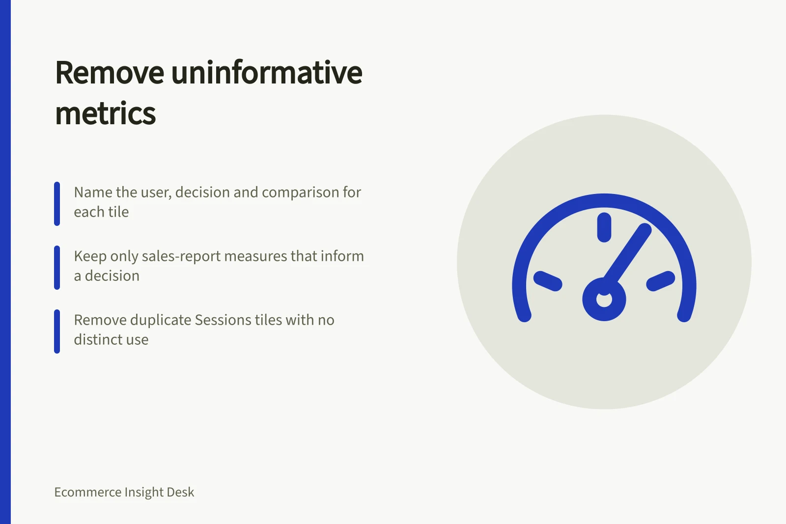 Remove uninformative metrics: Name the user, decision and comparison for each tile; Keep only sales-report measures that inform a decision; Remove duplicate Sessions tiles with no distinct use