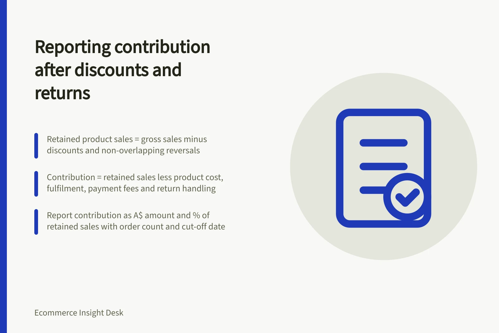 Reporting contribution after discounts and returns: Retained product sales = gross sales minus discounts and non-overlapping reversals; Contribution = retained sales less product cost, fulfilment, payment fees and return handling; Report contribution as A$ amount and % of retained sales with order count and cut-off date