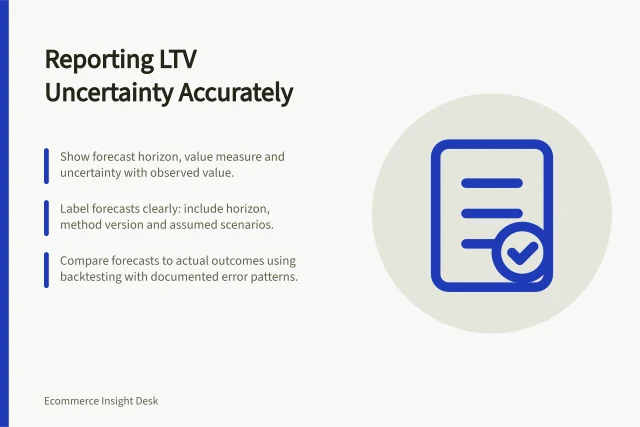 Reporting LTV Uncertainty Accurately: Show forecast horizon, value measure and uncertainty with observed value.; Label forecasts clearly: include horizon, method version and assumed scenarios.; Compare forecasts to actual outcomes using backtesting with documented error patterns. Reporting uncertainty in lifetime-value estimates