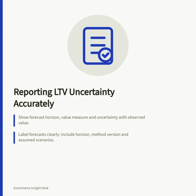 Reporting LTV Uncertainty Accurately: Show forecast horizon, value measure and uncertainty with observed value.; Label forecasts clearly: include horizon, method version and assumed scenarios.; Compare forecasts to actual outcomes using backtesting with documented error patterns. Reporting uncertainty in lifetime-value estimates
