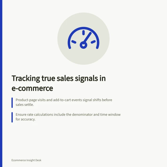 Tracking true sales signals in e-commerce: Product-page visits and add-to-cart events signal shifts before sales settle.; Ensure rate calculations include the denominator and time window for accuracy.; Verify that order definitions match across dashboards and reports. Separating leading indicators from confirmed outcomes